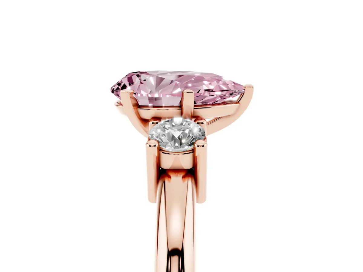 Fancy Pink Three-Stone Pear Cut Cut Diamond Solitaire with Prong Setting and Classic Band Rose gold