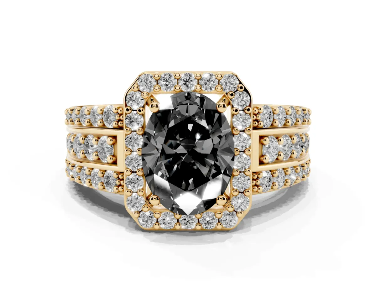 Fancy Black Oval Cut Halo Diamond Ring with Round Split Shank and Prong Setting Yellow gold