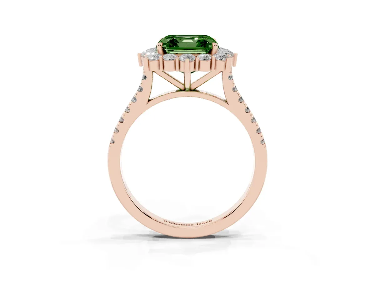 Fancy Green Asscher Cut Halo Diamond Ring with Pavé Band and Prong Setting Rose gold