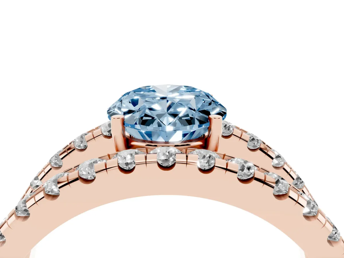 Fancy Blue Oval Cut Solitaire Split Shank Pave Diamond Ring Rose gold