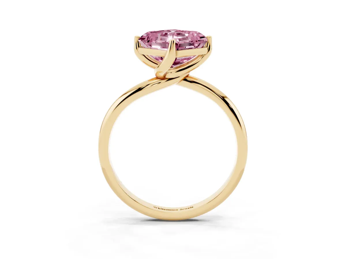 Fancy Pink Asscher Cut Diamond Solitaire Engagement Ring with Four-Prong Setting and Classic Band Yellow gold