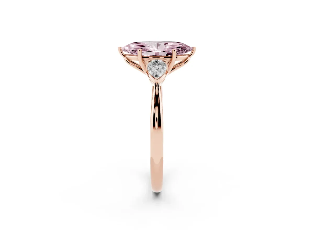 Fancy Pink Marquise Cut Diamond Three-Stone Ring with Pear Side Stones and Prong Setting Rose gold
