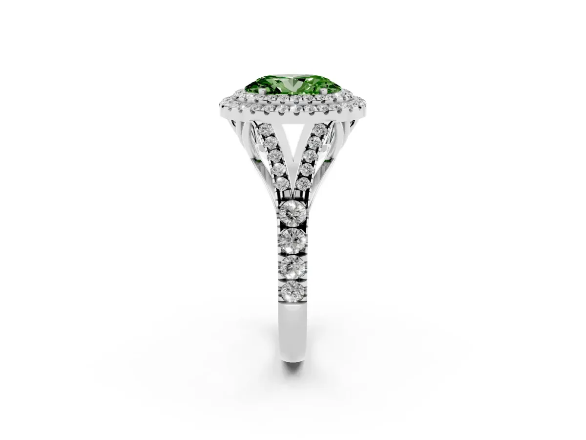 Fancy Green Double Halo Oval Cut Diamond Split Shank Engagement Ring with Four-Prong Setting Platinum