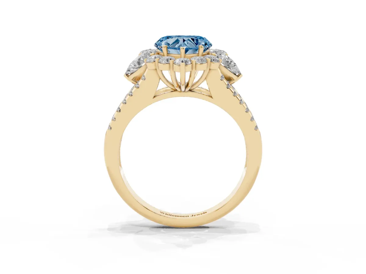 Fancy Blue Heart Cut Halo Split Shank Diamond Engagement Ring with Prong Setting Yellow gold