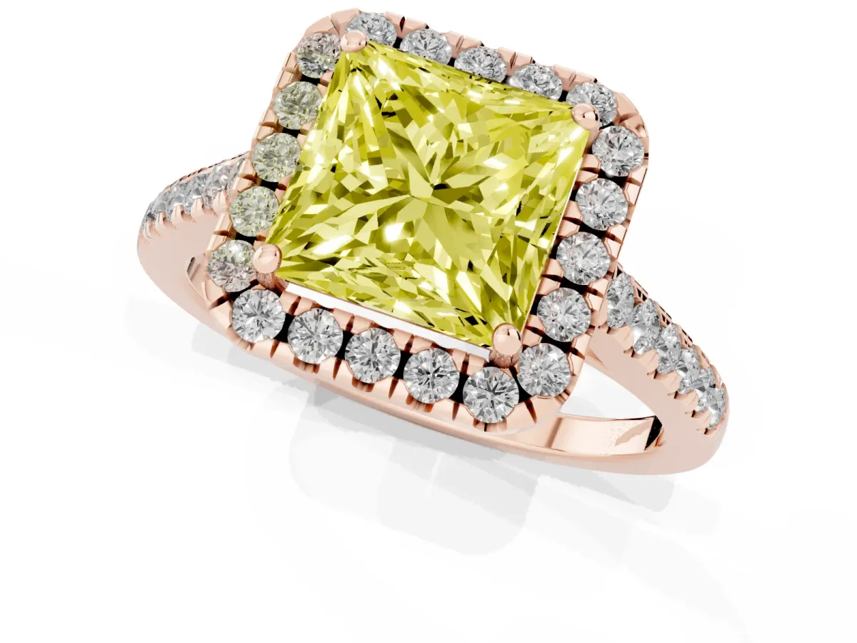 Fancy Yellow Princess Cut Halo Pave Diamond Engagement Ring with Four-Prong Setting Rose gold