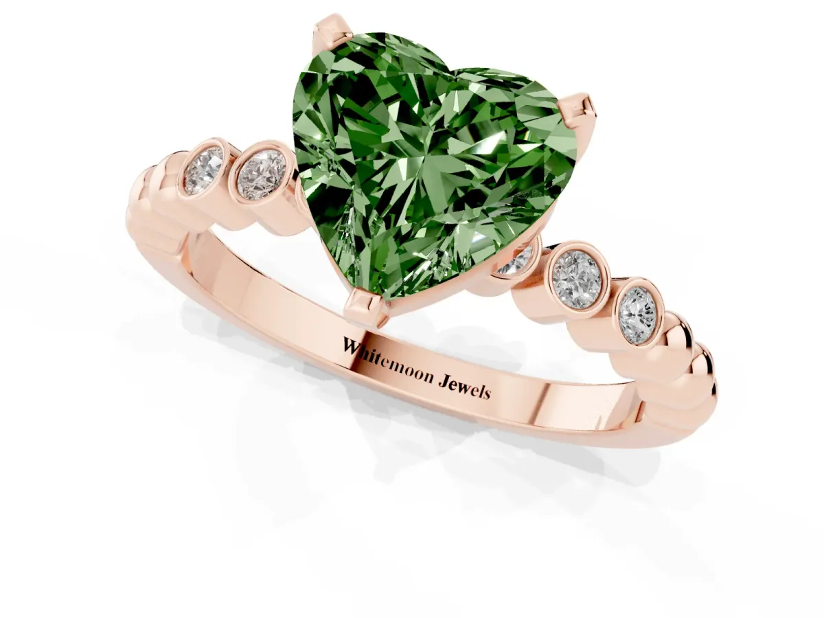Fancy Green Heart Cut Solitaire Bezel Accent Diamond Engagement Ring with Beaded Band and Four-Prong Setting Rose gold