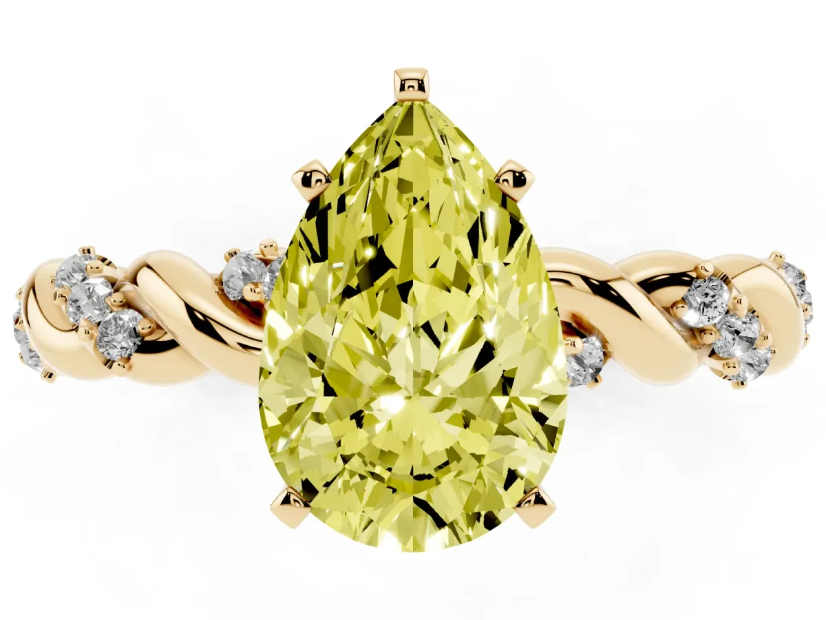 Fancy Yellow Pear Cut Diamond Solitaire Ring with Twisted Band and Pavé Accents Yellow gold