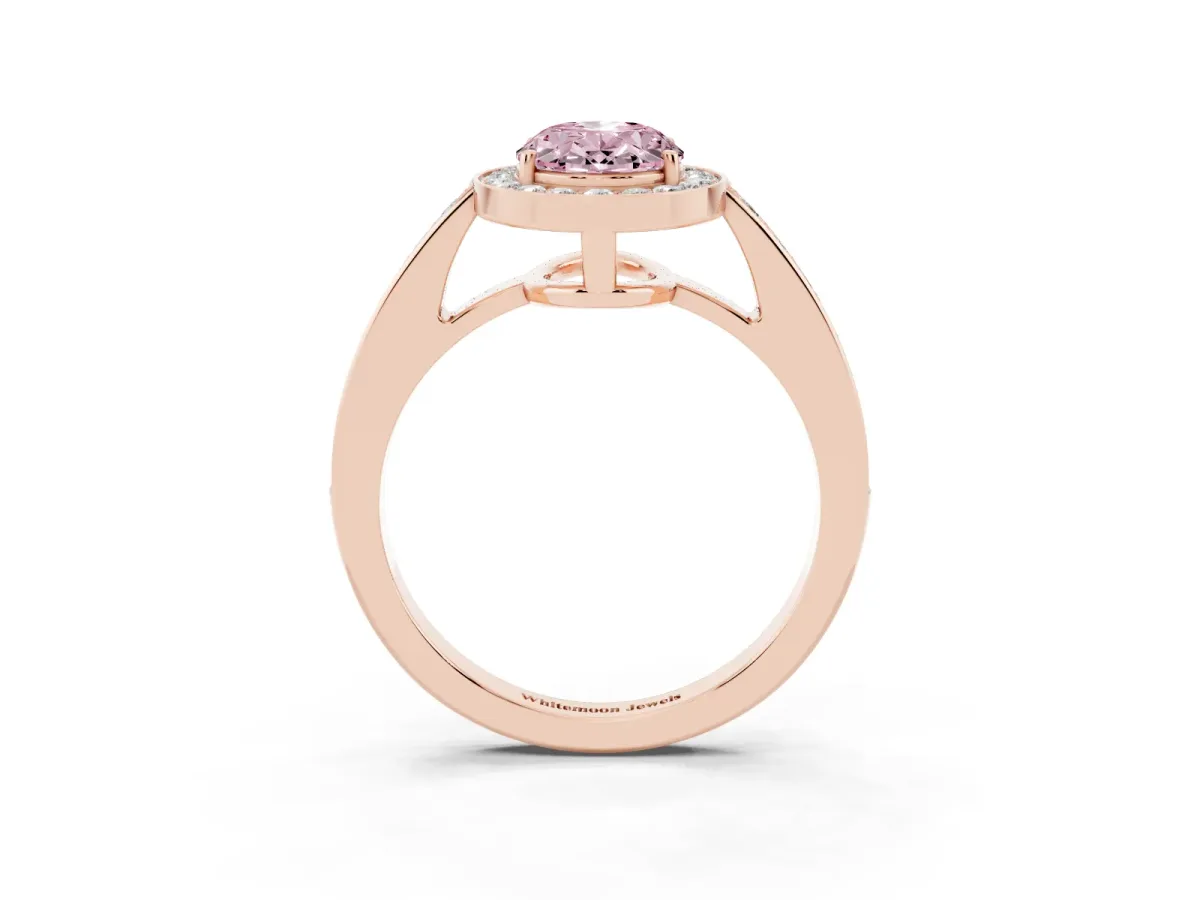 Fancy Pink Oval Cut Halo Pavé Diamond Engagement Ring with Bezel Setting Rose gold