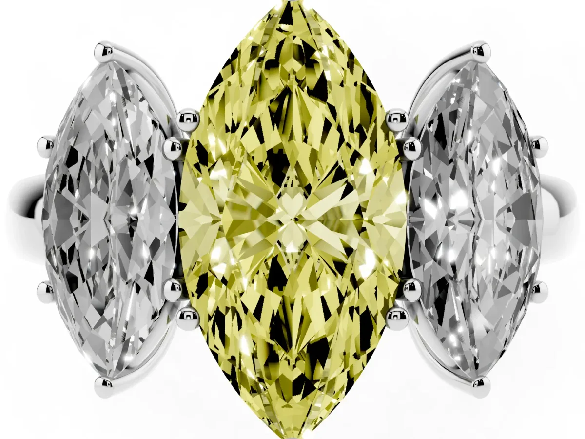 Fancy Yellow Marquise Cut Diamond Three-Stone Ring with Four-Prong Setting and Classic Band Silver