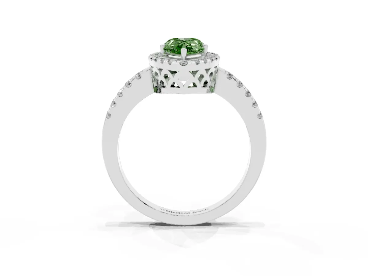 Fancy Green Pear Cut Halo Diamond Engagement Ring with Pavé Band and Four-Prong Setting Silver