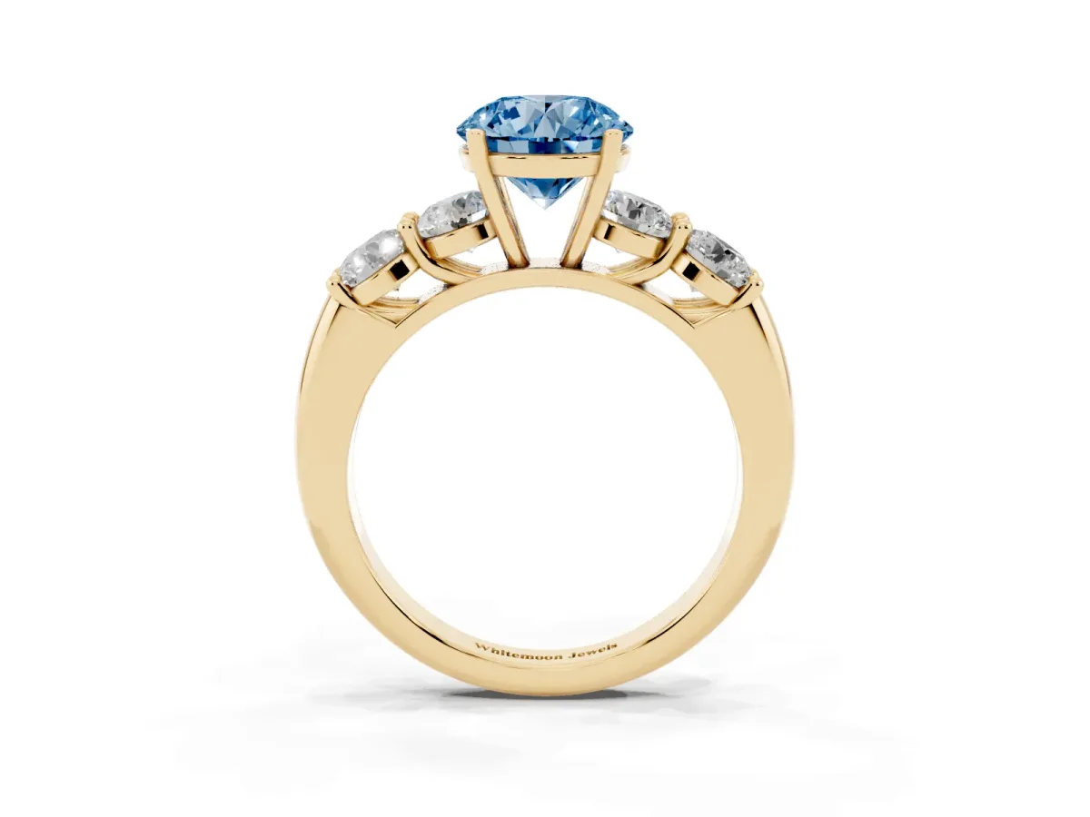 Fancy Blue Round Cut Cut Five-Stone Prong Set Diamond Ring with Classic Band Yellow gold