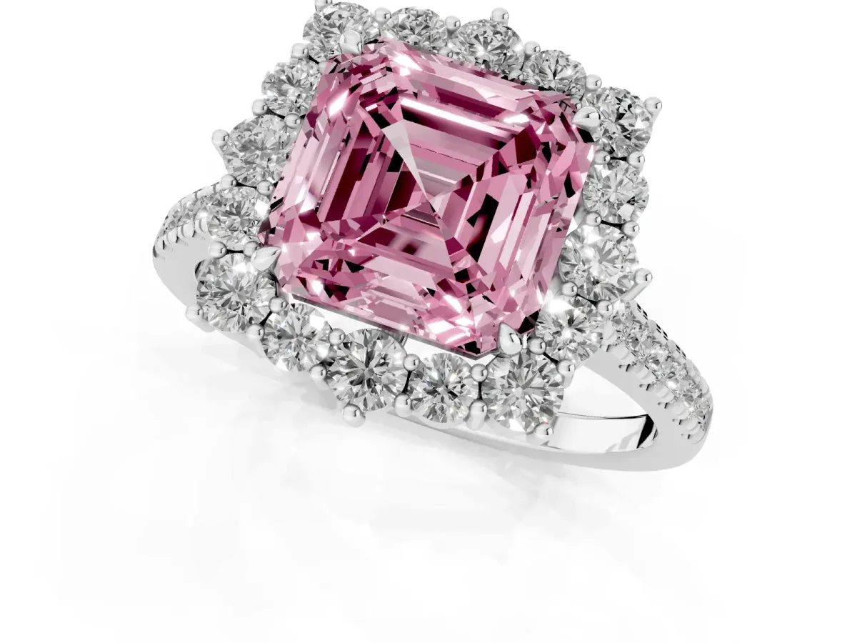 Fancy Pink Asscher Cut Halo Diamond Ring with Pavé Band and Prong Setting Silver