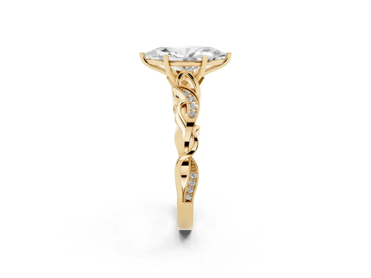 Marquise Cut Solitaire Vine Band with Milgrain Prong Setting Yellow gold