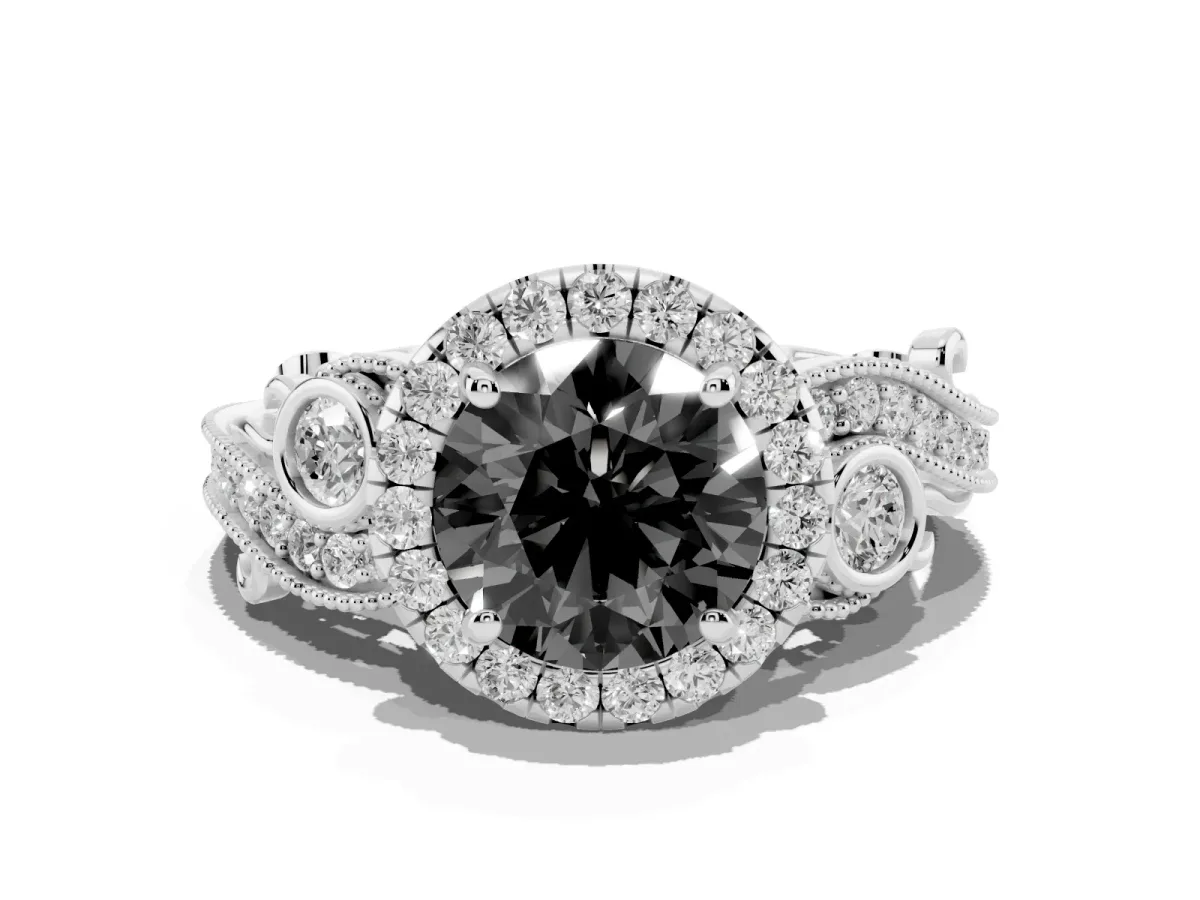 Fancy Black Round Cut Halo Diamond Ring with Milgrain and Bezel Accents on a Split Shank Band Platinum