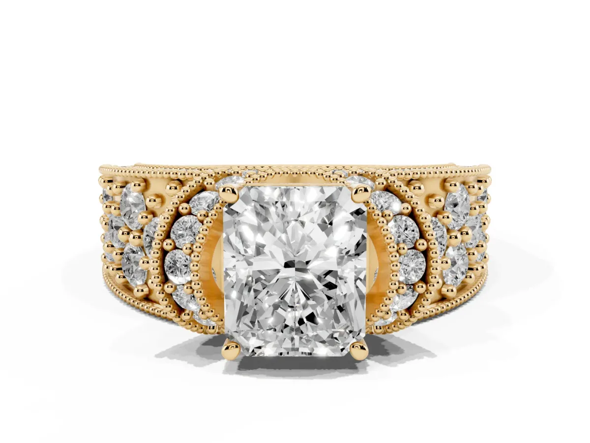 Radiant Cut Halo Pave Diamond Engagement Ring with Milgrain Detailing Yellow gold