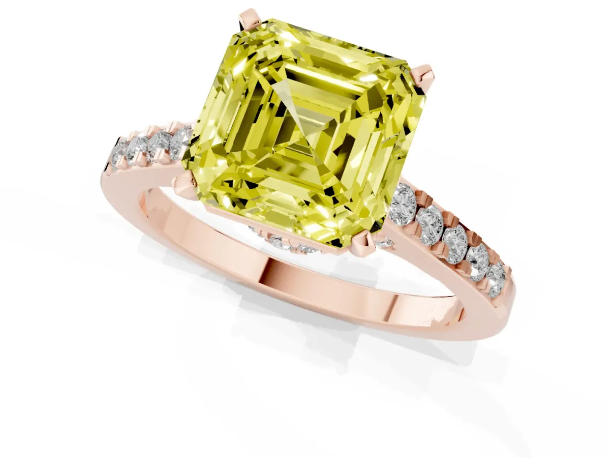Fancy Yellow Asscher Cut Diamond Solitaire Ring with Crossover Gallery and Round Pavé Band Rose gold