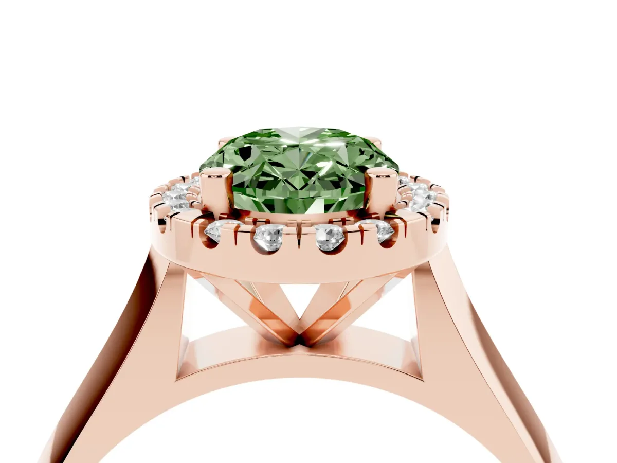 Fancy Green Oval Cut Cut Halo Solitaire Engagement Ring with Square Band and Four-Prong Setting Rose gold
