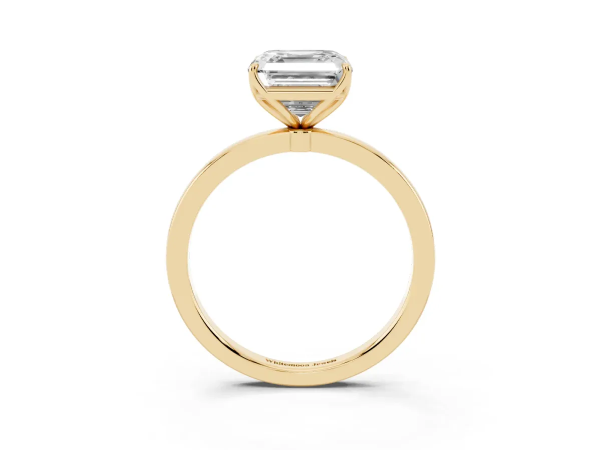 Asscher Cut Diamond Solitaire Ring with Thin Band and Prong Setting Yellow gold