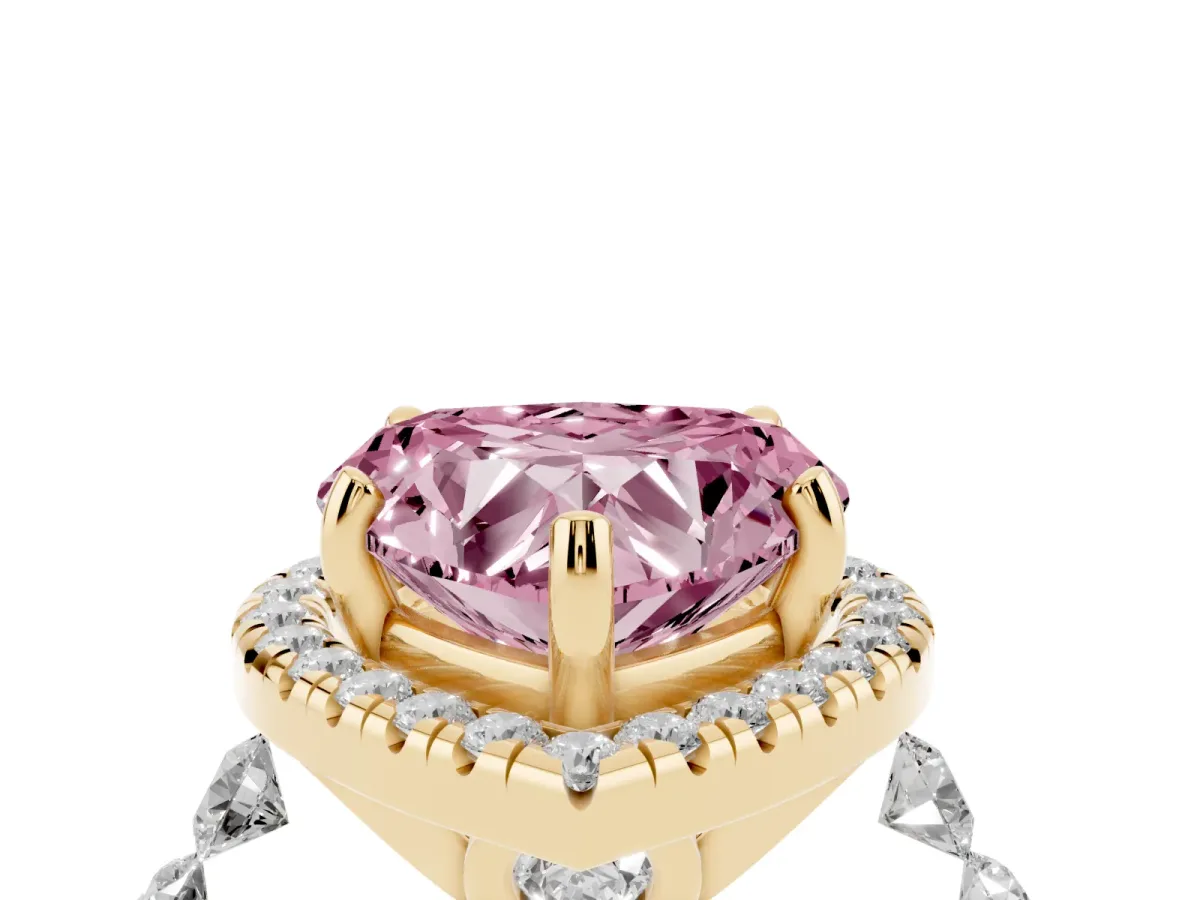 Fancy Pink Heart Cut Halo Pavé Diamond Engagement Ring with Four-Prong Setting Yellow gold