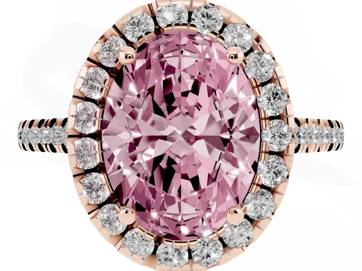 Fancy Pink Oval Cut Diamond Cushion Halo Ring with Pavé Band Rose gold