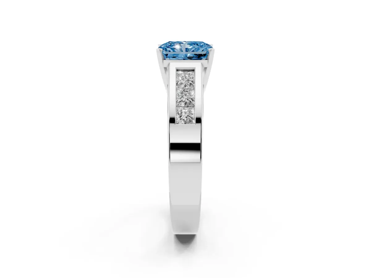 Fancy Blue Radiant Cut Cut Channel Set Solitaire Ring with Four-Prong Setting Silver