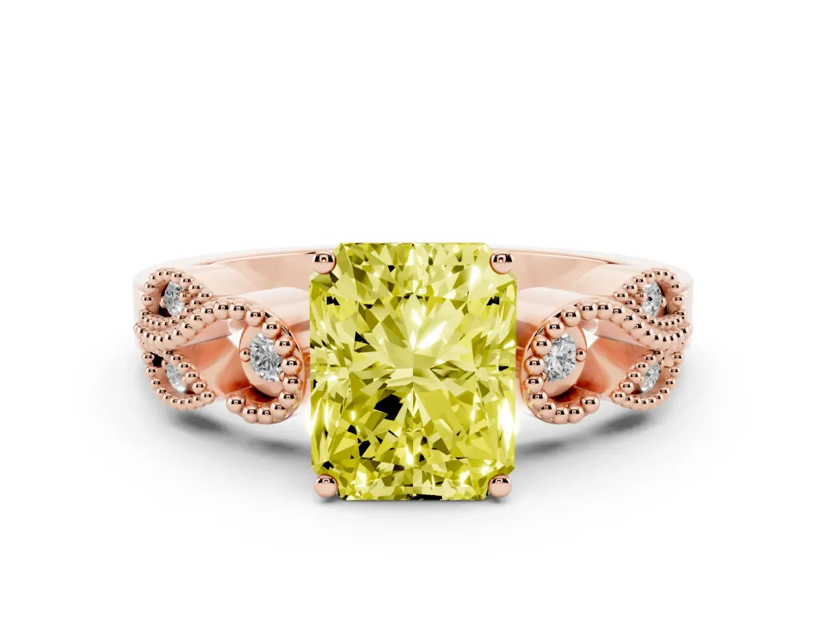 Fancy Yellow Princess Cut Solitaire Milgrain Leaf Band with Prong Setting Rose gold