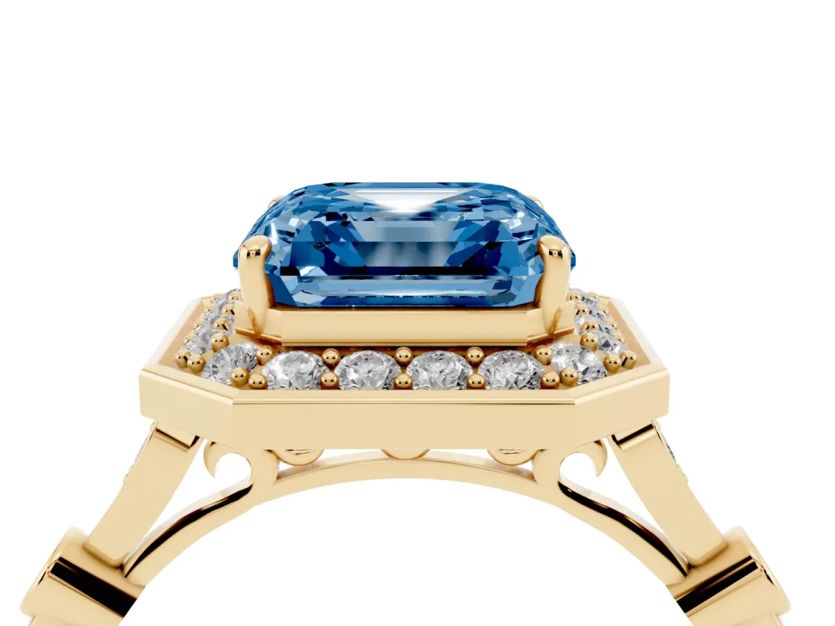 Fancy Blue Asscher Cut Halo Diamond Engagement Ring with Twisted Band and Four-Prong Setting Yellow gold