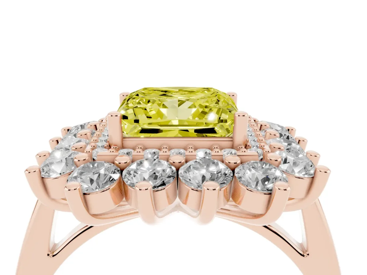 Fancy Yellow Princess Cut Diamond Floral Double Halo Engagement Ring with Prong Setting Rose gold