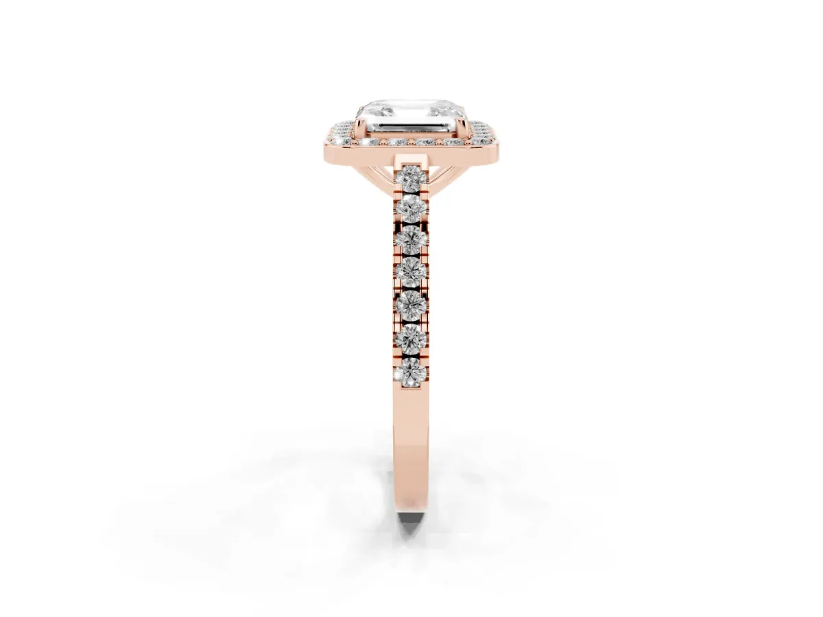 Asscher Cut Diamond Halo Ring with Round Pavé Split Shank and Prong Setting Rose gold