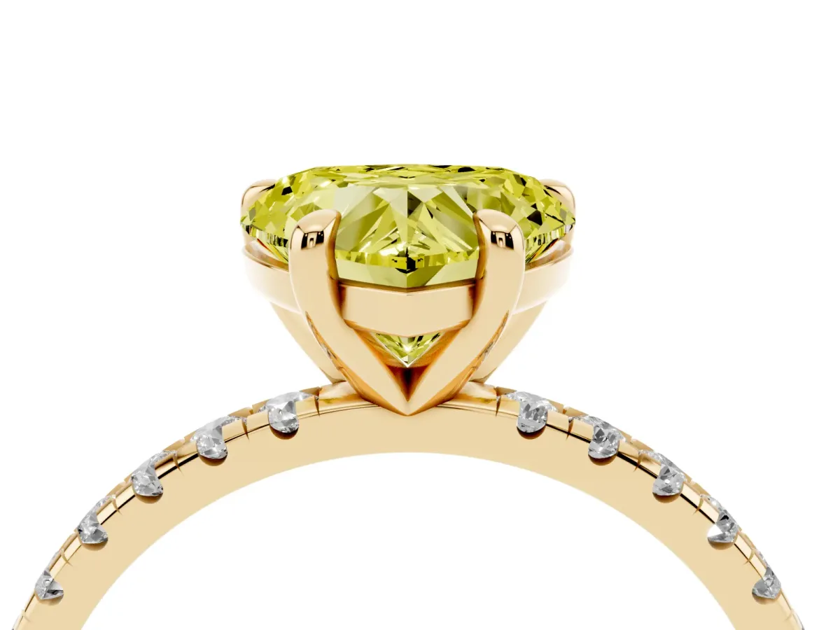 Fancy Yellow Heart Cut Diamond Brilliant Solitaire Ring with Pavé Band and Four-Prong Setting Yellow gold