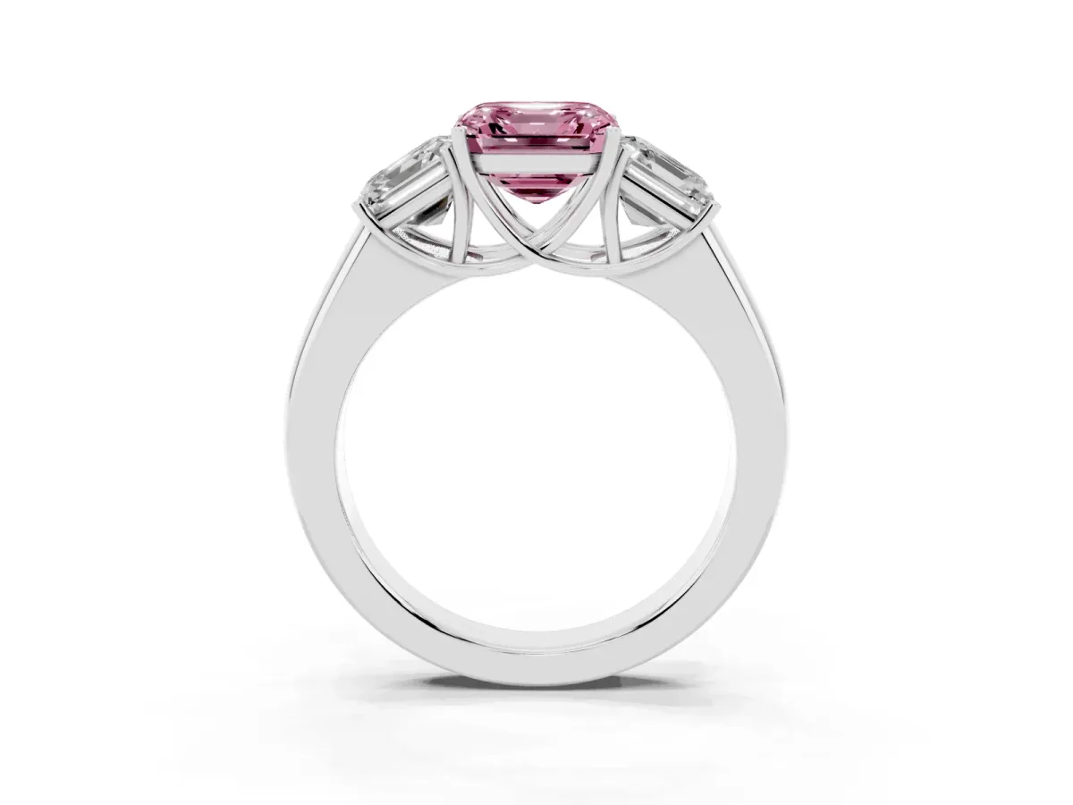 Fancy Pink Three-Stone Asscher Cut Cut Diamond Ring with Prong Setting and Classic Band Silver