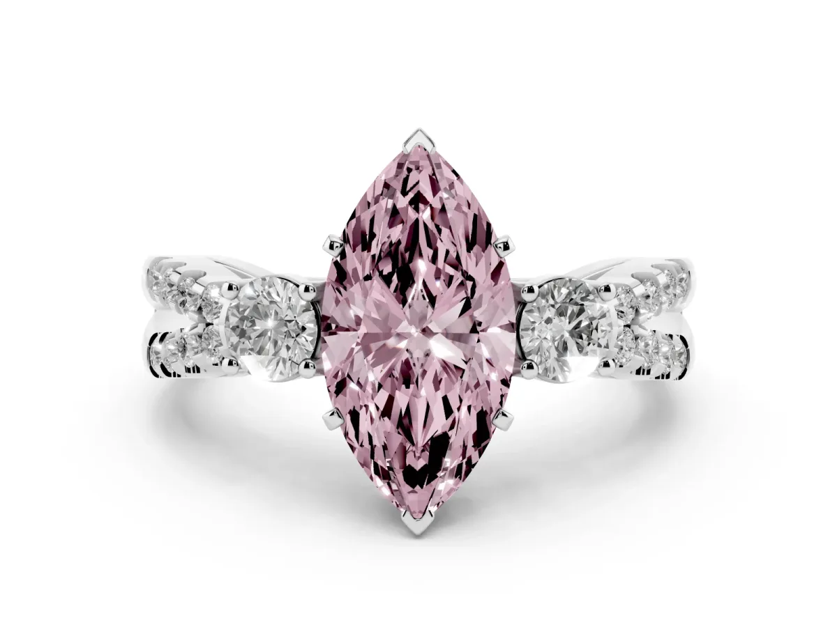 Fancy Pink Marquise Cut Diamond Three-Stone Ring with Pavé Split Shank and Four-Prong Setting Silver