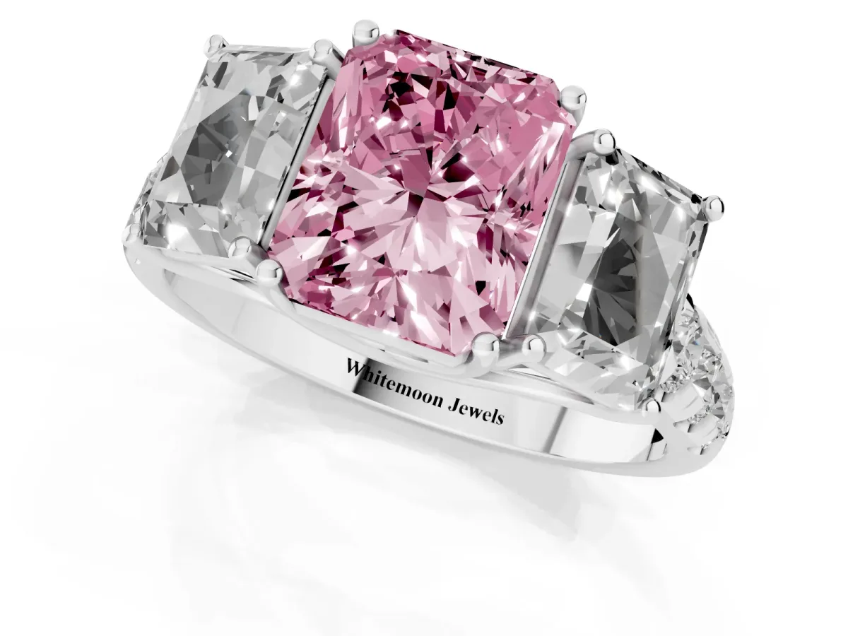 Fancy Pink Three-Stone Radiant Cut Diamond Pavé Band with Prong Setting Silver