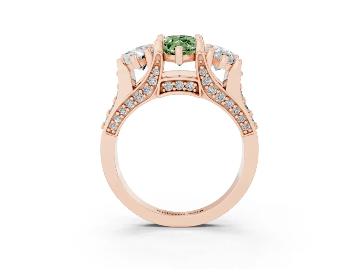 Fancy Green Marquise Cut Diamond Three-Stone Ring with Channel Set Band and Four-Prong Setting Rose gold