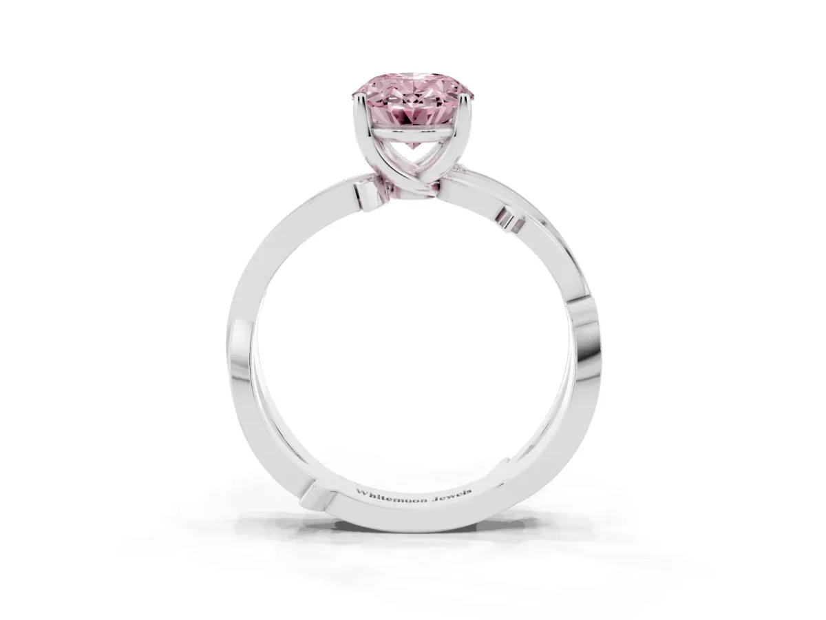 Fancy Pink Oval Cut Solitaire Twist Band with Pavé Accents and Four-Prong Setting Silver