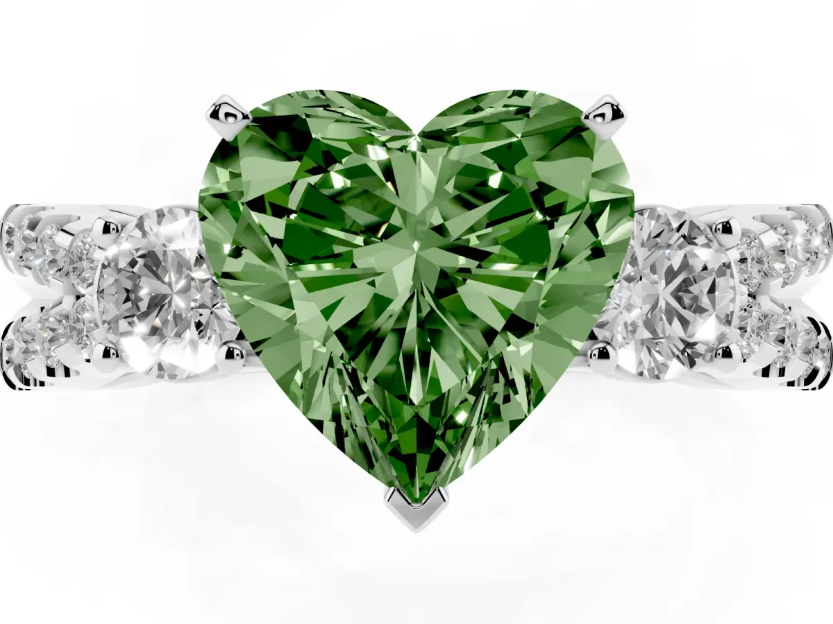 Fancy Green Heart Cut Diamond Three-Stone Ring with Pavé Split Shank and Four-Prong Setting Platinum