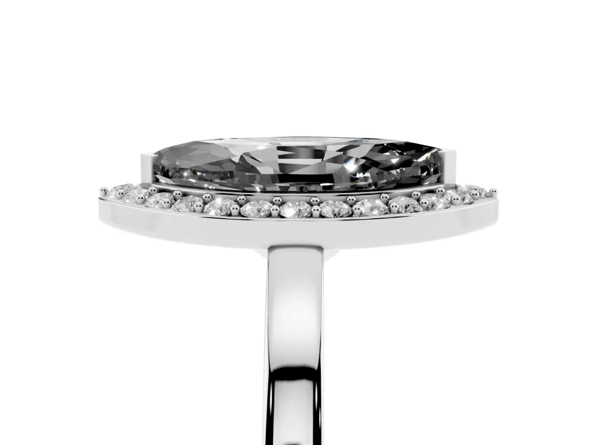 Fancy Black Marquise Cut Halo Diamond Ring with Solitaire Band and Prong Setting Platinum