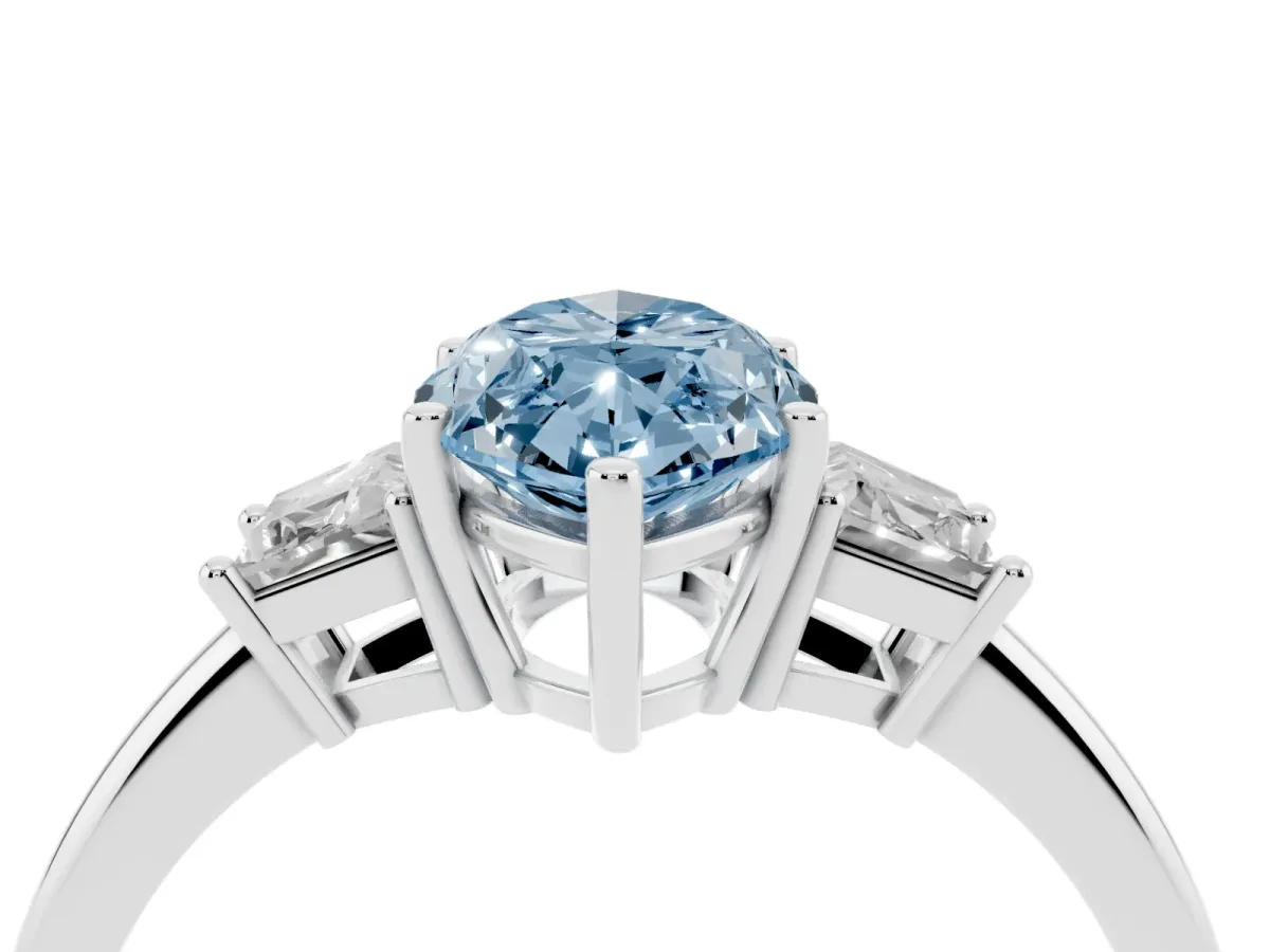 Fancy Blue Marquise Cut Diamond Three-Stone Ring with Trapezoid Side Stones and Prong Setting Silver