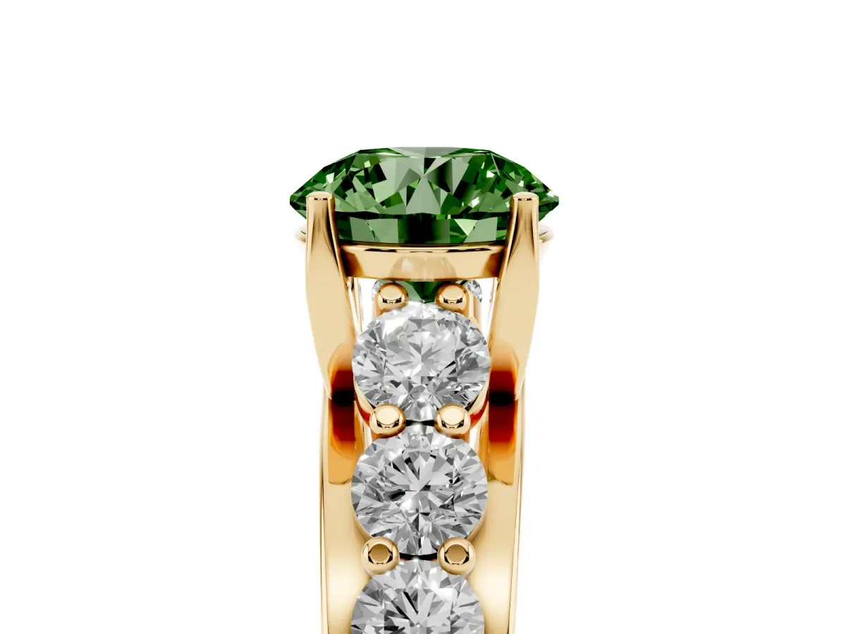 Fancy Green Round Cut Diamond Engagement Ring with Pavé Band and Four-Prong Setting Yellow gold