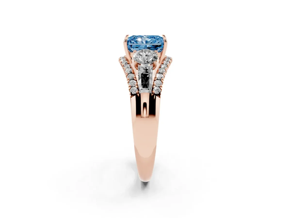 Fancy Blue Three-Stone Radiant Cut Diamond Engagement Ring with Pave Band and Prong Setting Rose gold