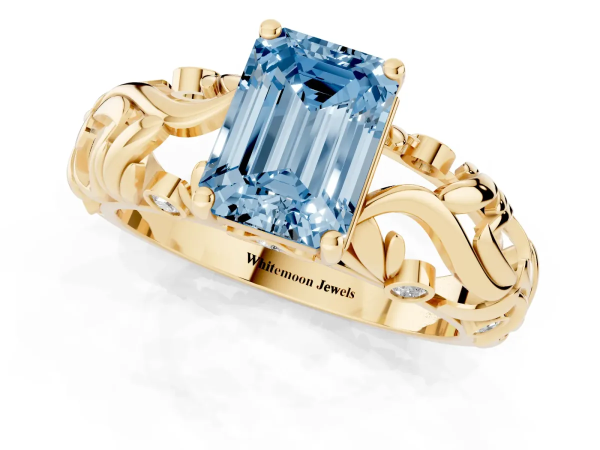 Fancy Blue Emerald Cut Solitaire Diamond Leaf-Inspired Vine Band Ring with Prong Setting Yellow gold