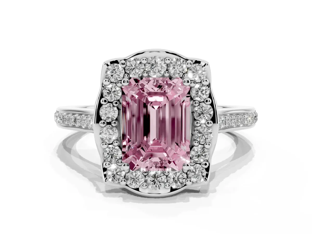 Fancy Pink Emerald Cut Halo Round Diamond Pave Band with Four-Prong Setting Platinum