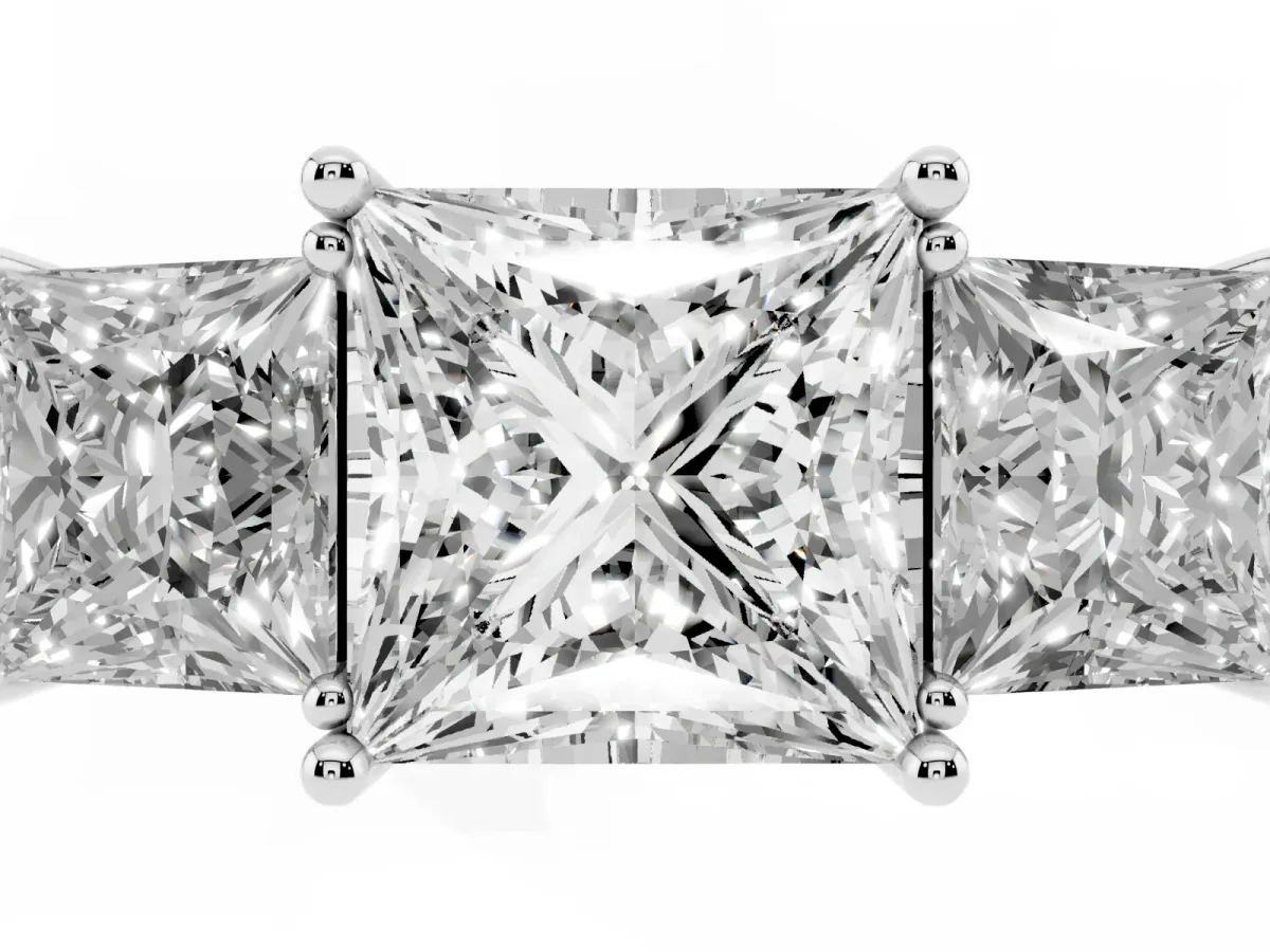 Three-Stone Princess Cut Cut Diamond Engagement Ring with Prong Setting on a White Gold Band Silver