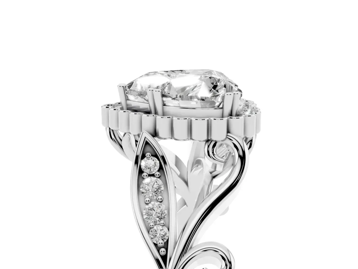 Heart Cut Diamond Halo Ring with Vintage Split Shank and Four-Prong Setting Silver