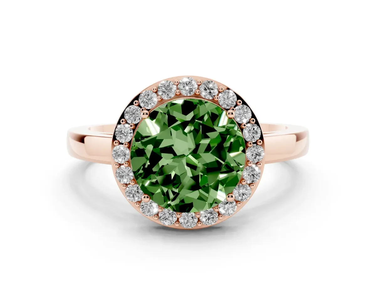 Fancy Green Round Cut Halo Diamond Ring with Solitaire Band and Prong Setting Rose gold