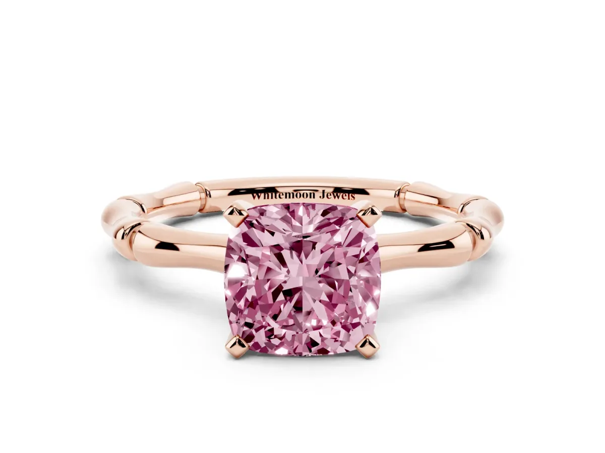 Fancy Pink Cushion Cut Solitaire Diamond Ring with Bamboo Band and Four-Prong Setting Rose gold