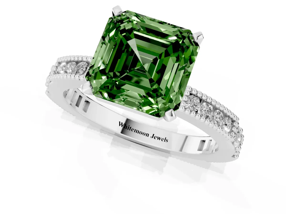Fancy Green Asscher Cut Solitaire with Pavé Band and Four-Prong Setting Silver