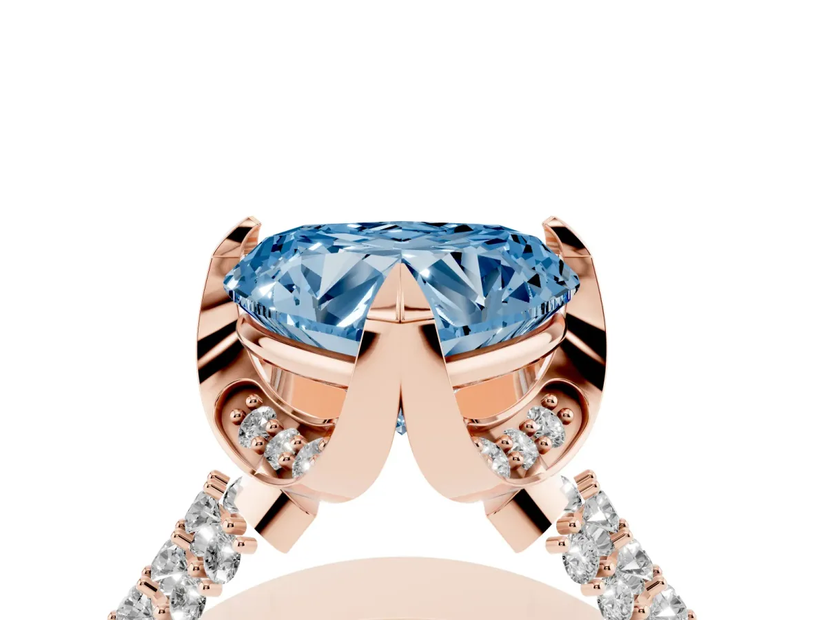 Fancy Blue Heart Cut Solitaire Pave Split Shank Ring with Four-Prong Setting Rose gold