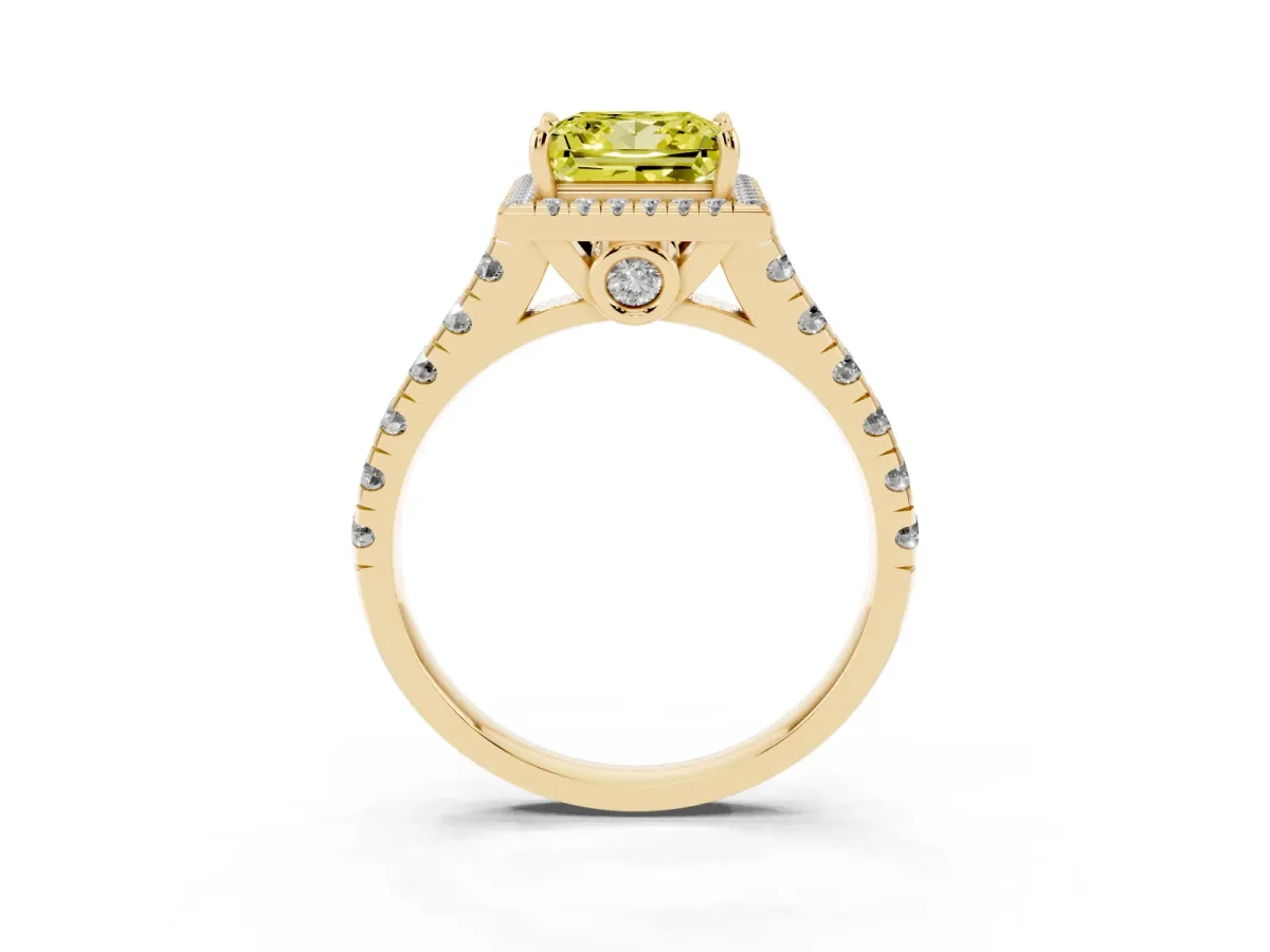Fancy Yellow Princess Cut Halo Pavé Diamond Engagement Ring with Four-Prong Setting Yellow gold