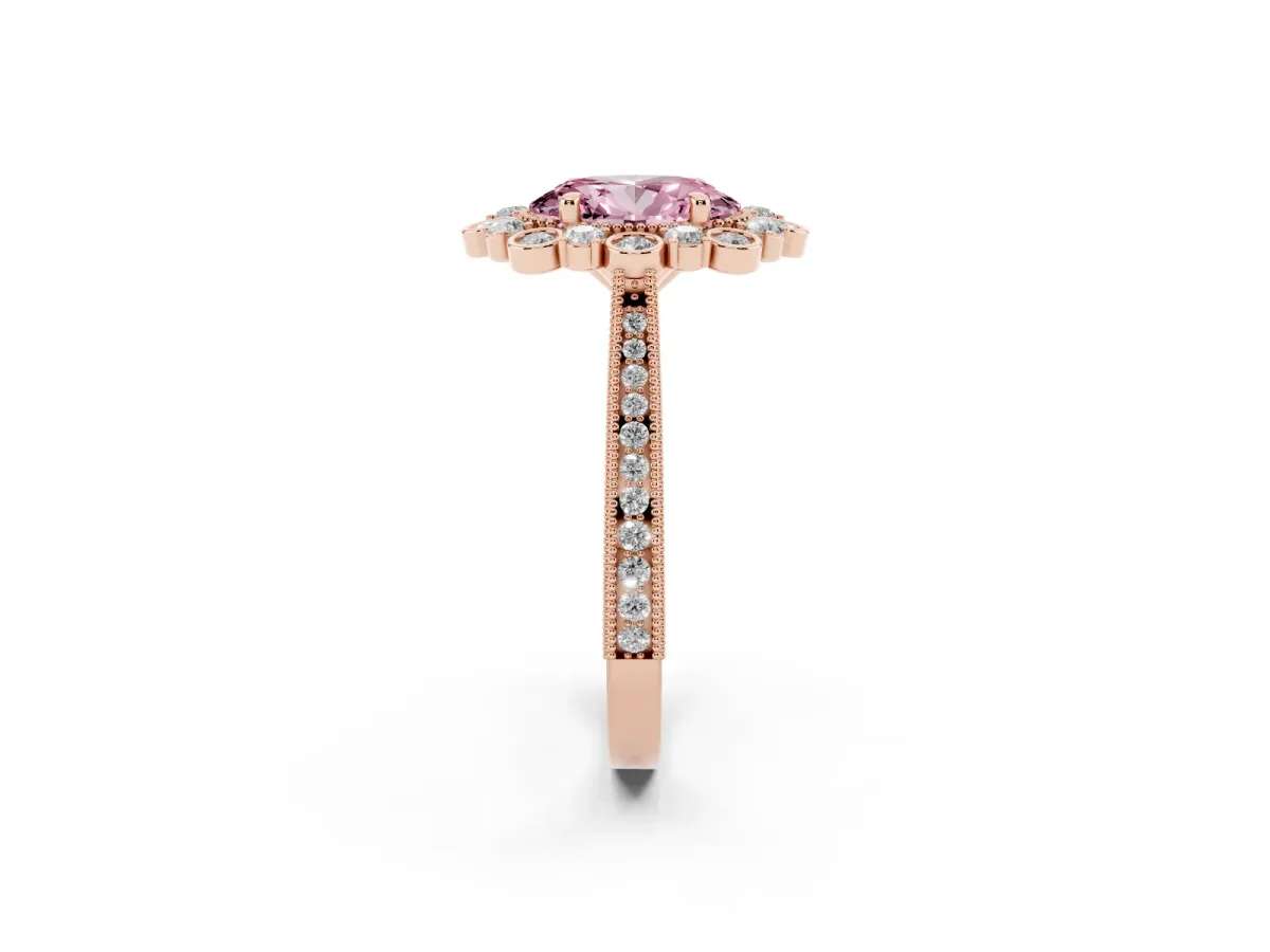 Fancy Pink Oval Cut Halo Milgrain Pave Diamond Ring with Four-Prong Setting Rose gold